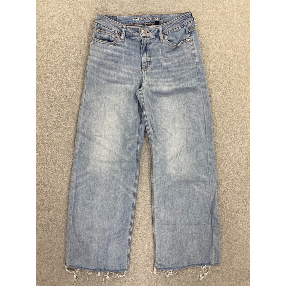 American Eagle Low Rise Baggy Jeans Womens 2 Blue Wash Wide Leg Stretch Denim